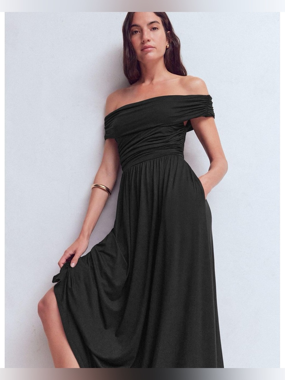 Boden Ruched Bardot Maxi Dress black New with Tags!